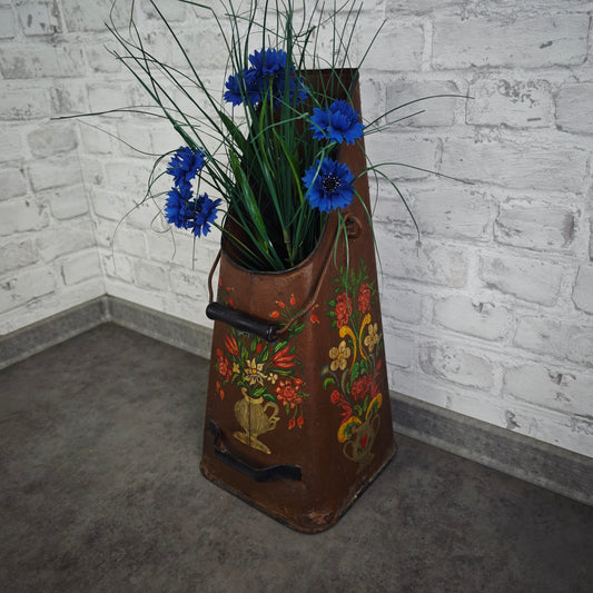 Kohlenschütte Metall braun Bauernmalerei Blumen Landhaus Vintage Schirmständer Deko