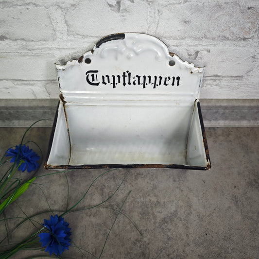 Emaille Topflappenhalter Wandhalter weiß blau mit Netzmuster und Durchbruchschmuck Landhaus Küche Deko Vintage