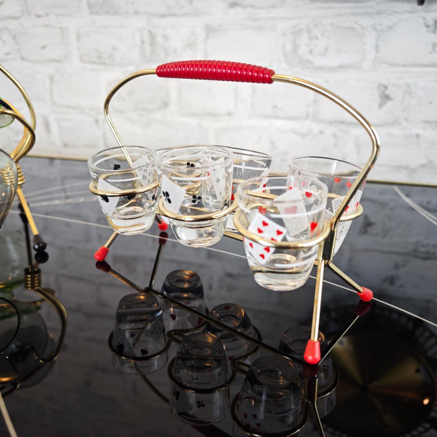 Midcentury Party Set 50er Jahre Schnapsgläser Spielkarten Schwenker Brezelhalter Messing Retro