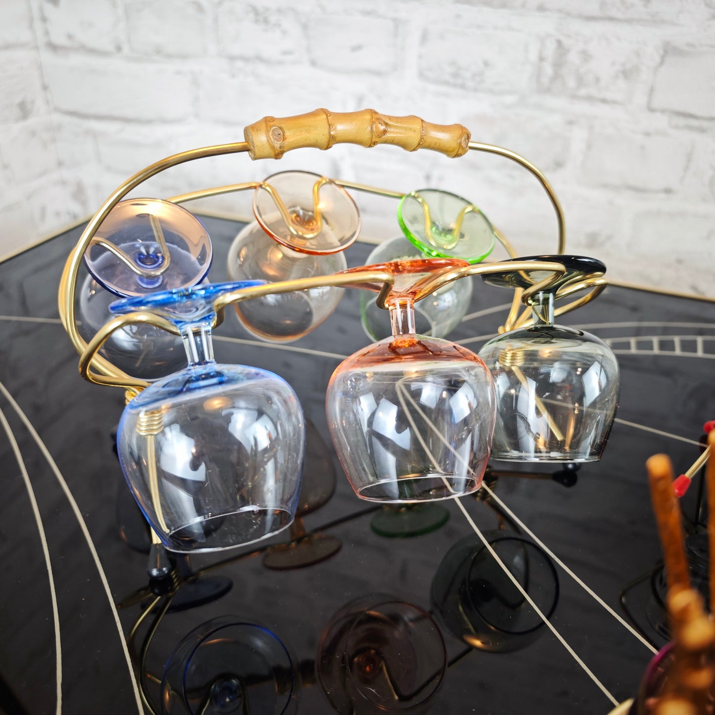 Midcentury Party Set 50er Jahre Schnapsgläser Spielkarten Schwenker Brezelhalter Messing Retro
