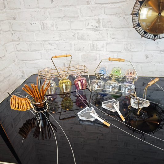 Midcentury Party Set 50er Jahre Schwenker Schnapsgläser Aschenbecher Brezelhalter Messing