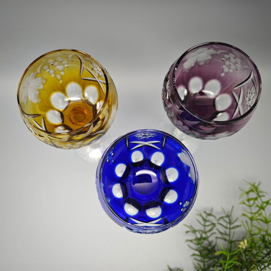 Annahütte Kristallglas Set 3 Römergläser bunt blau gelb lila Traubenschliff Weinlaub Traube Sternschliff Vintage