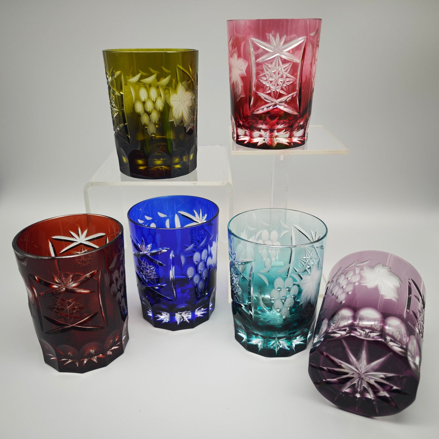 6x Kristallglas Whiskey Tumbler Trinkglas bunt geschliffen Trauben Schliff Stern Vintage Barset