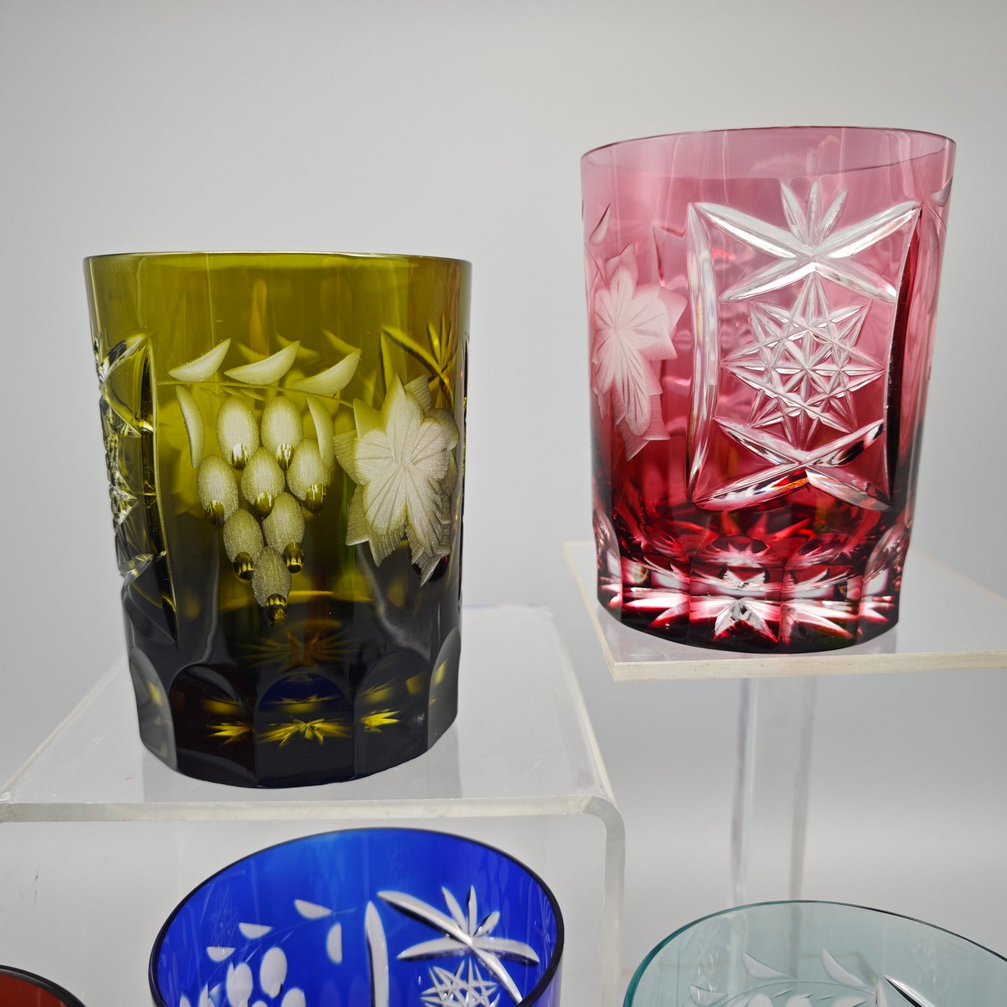 6x Kristallglas Whiskey Tumbler Trinkglas bunt geschliffen Trauben Schliff Stern Vintage Barset