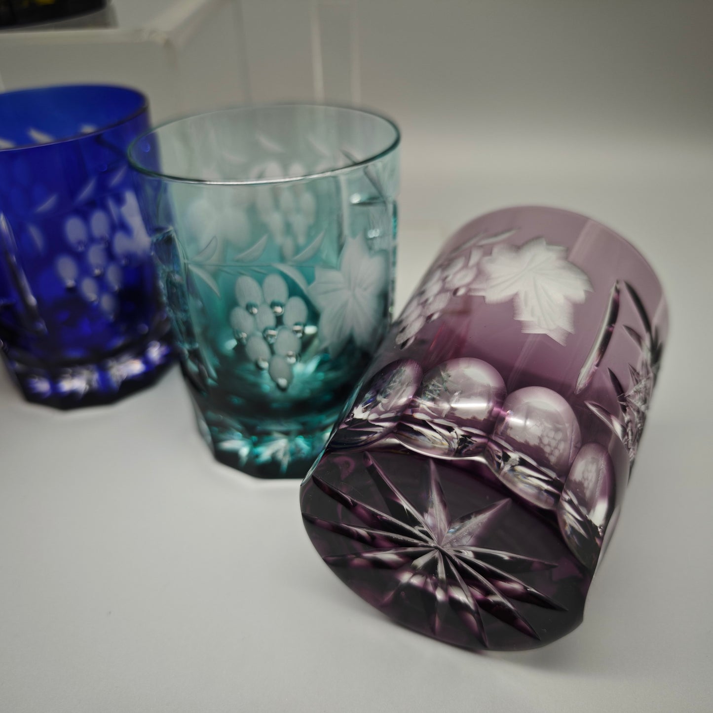 6x Kristallglas Whiskey Tumbler Trinkglas bunt geschliffen Trauben Schliff Stern Vintage Barset