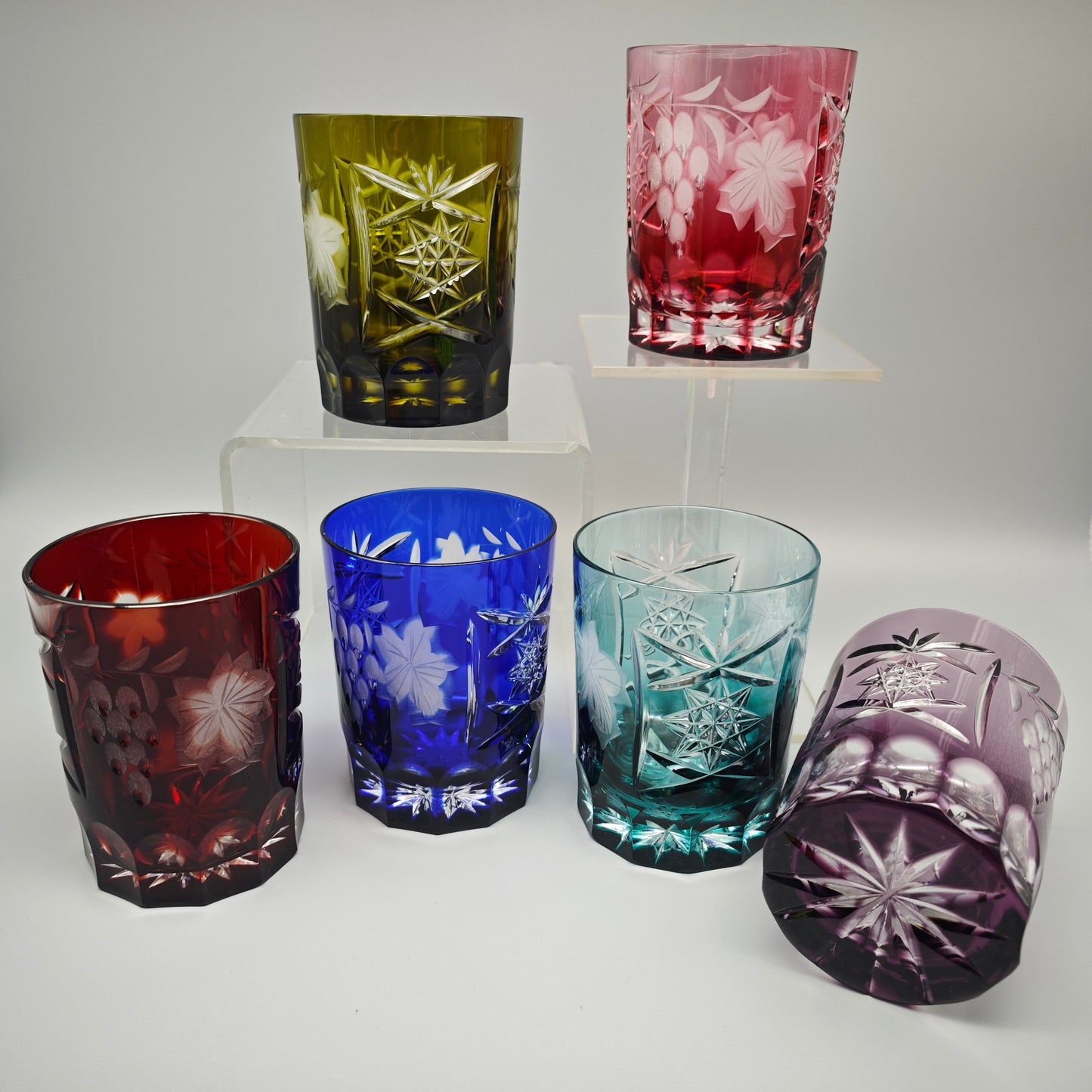 6x Kristallglas Whiskey Tumbler Trinkglas bunt geschliffen Trauben Schliff Stern Vintage Barset