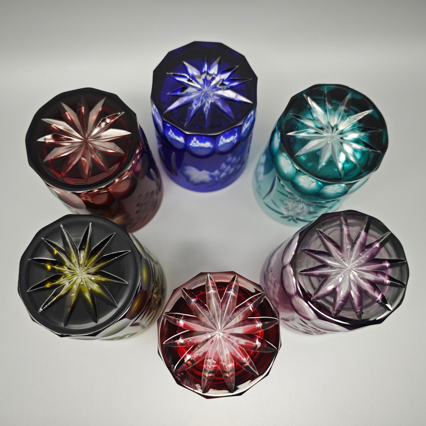 6x Kristallglas Whiskey Tumbler Trinkglas bunt geschliffen Trauben Schliff Stern Vintage Barset