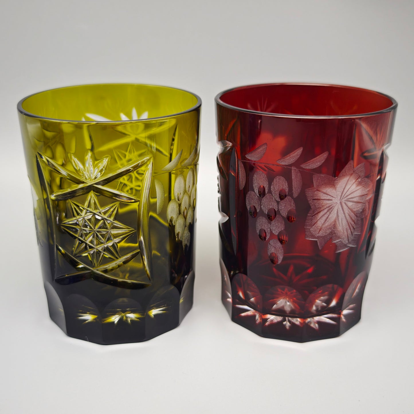 6x Kristallglas Whiskey Tumbler Trinkglas bunt geschliffen Trauben Schliff Stern Vintage Barset