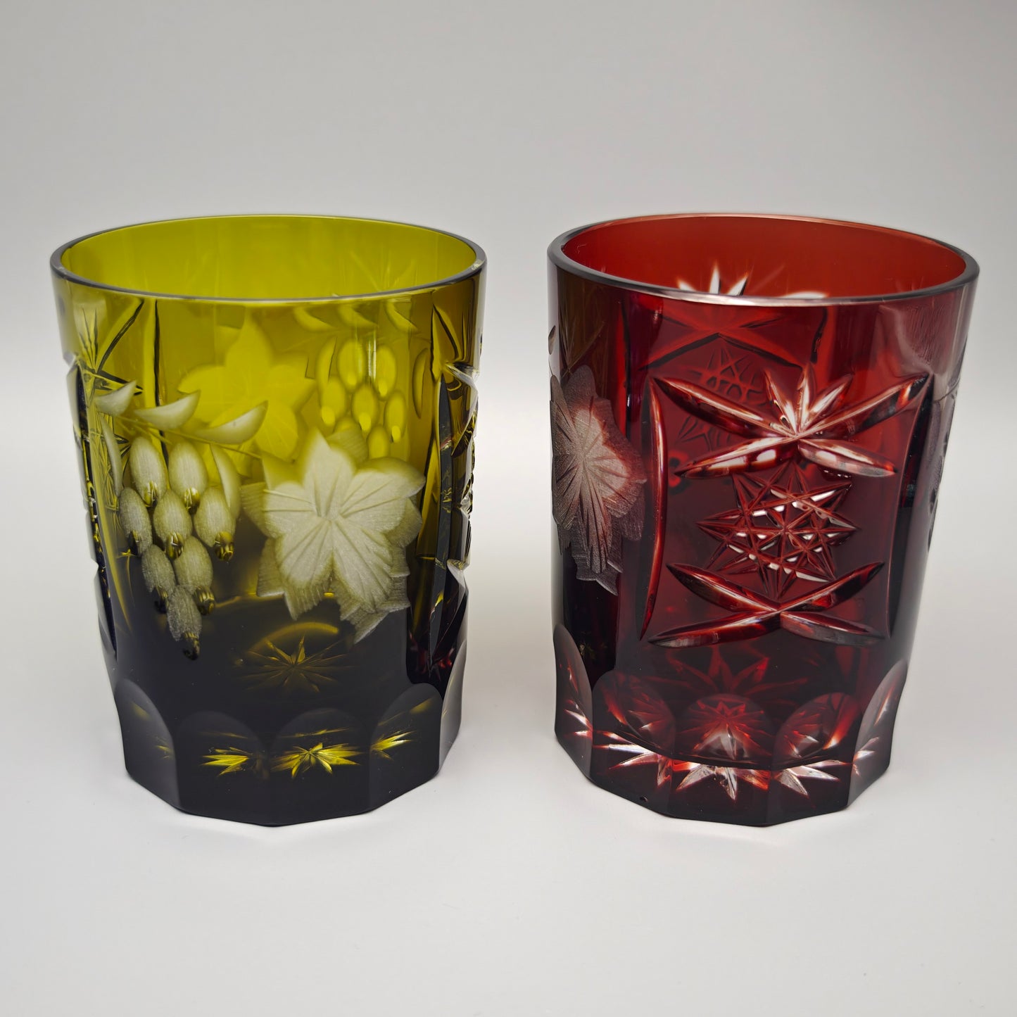 6x Kristallglas Whiskey Tumbler Trinkglas bunt geschliffen Trauben Schliff Stern Vintage Barset