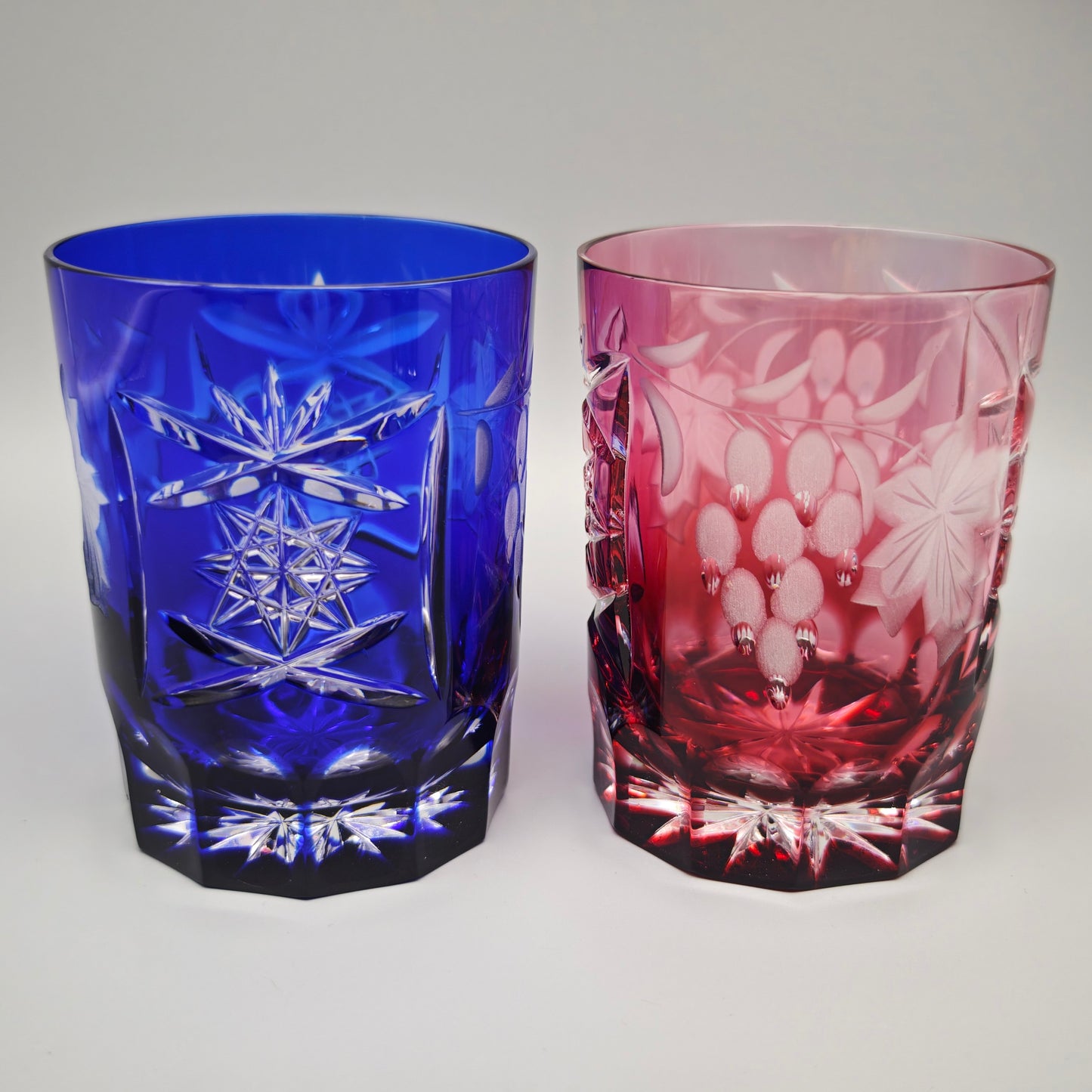 6x Kristallglas Whiskey Tumbler Trinkglas bunt geschliffen Trauben Schliff Stern Vintage Barset