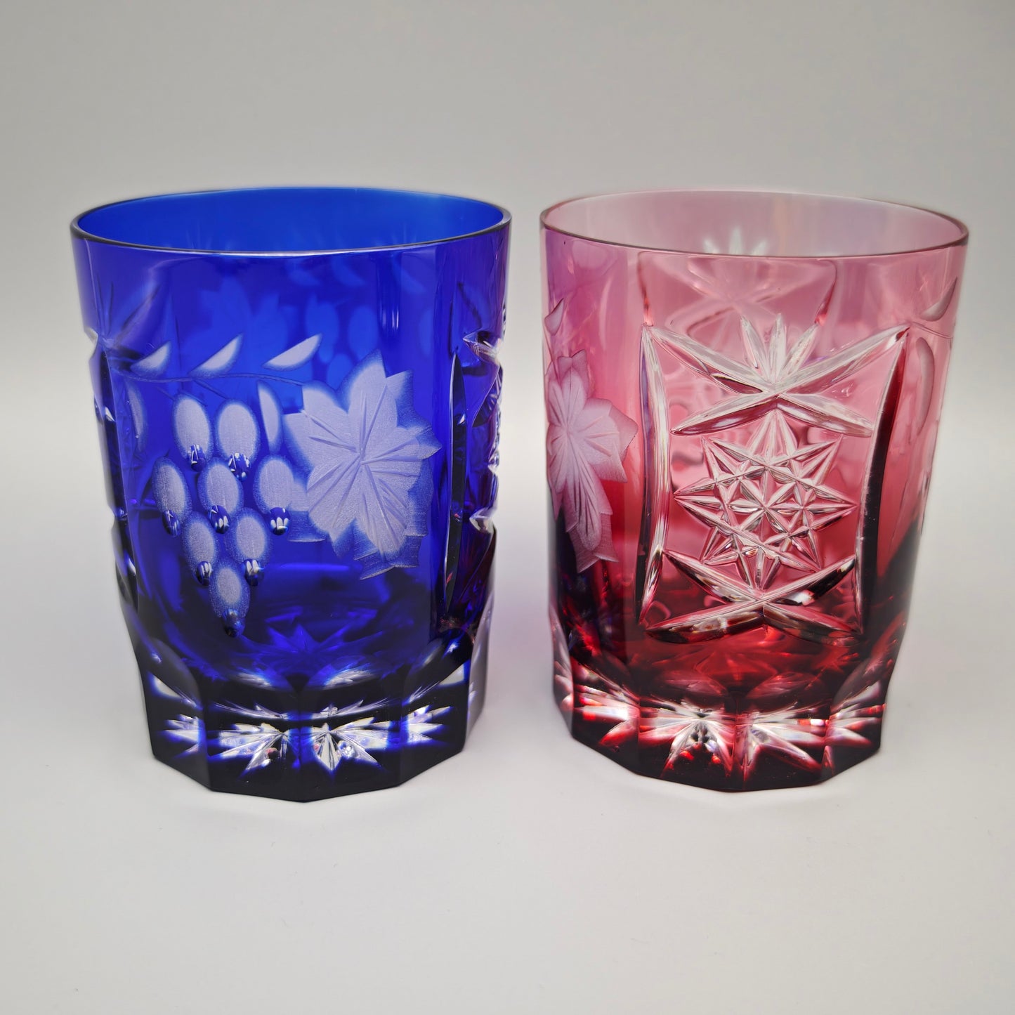 6x Kristallglas Whiskey Tumbler Trinkglas bunt geschliffen Trauben Schliff Stern Vintage Barset