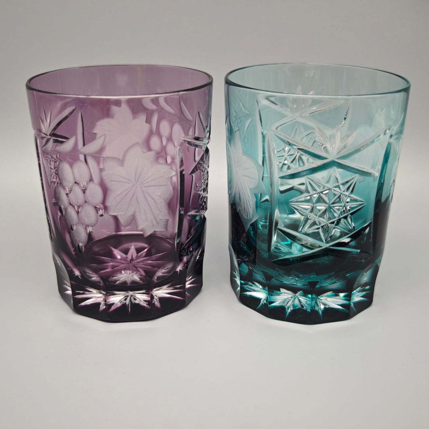 6x Kristallglas Whiskey Tumbler Trinkglas bunt geschliffen Trauben Schliff Stern Vintage Barset
