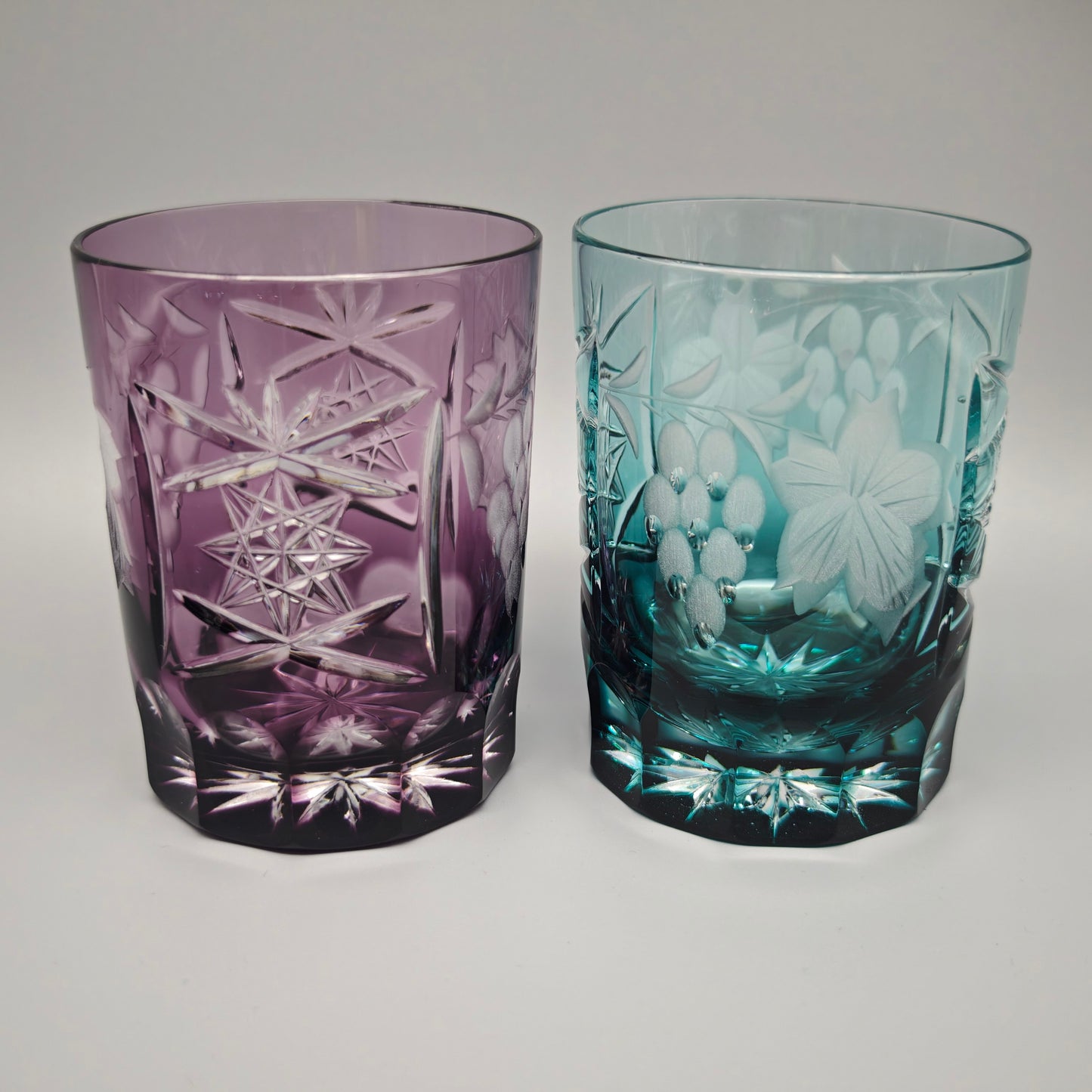 6x Kristallglas Whiskey Tumbler Trinkglas bunt geschliffen Trauben Schliff Stern Vintage Barset
