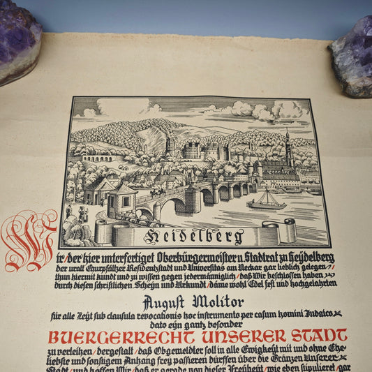 Heidelberg Bürgerrechtsurkunde 1934 August Molitor mit Originalrolle Urkunde Papier Stadturkunde Dokument Zeitgeschichte