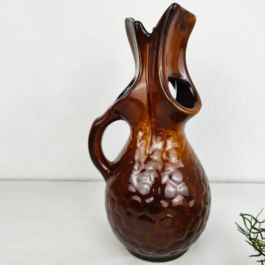 Midcentury vase for 4 flowers branches vintage brown gloss ceramic arrangement handle organic brutalist unusual "tree heart" flower frog Ikebana