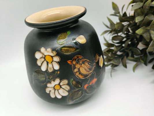 Vase West German Pottery matt black bird with flowers gloss glaze 307/15 Midcentury vintage cottagecore mid century Boho Scandi Hygge 60s