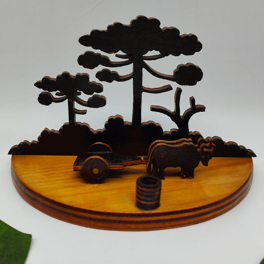 Porte-stylo en bois diorama décoration de bureau porte-notes porte-cartes de visite arbres char à bœufs paysage porte-lettres argent cadeau fait main