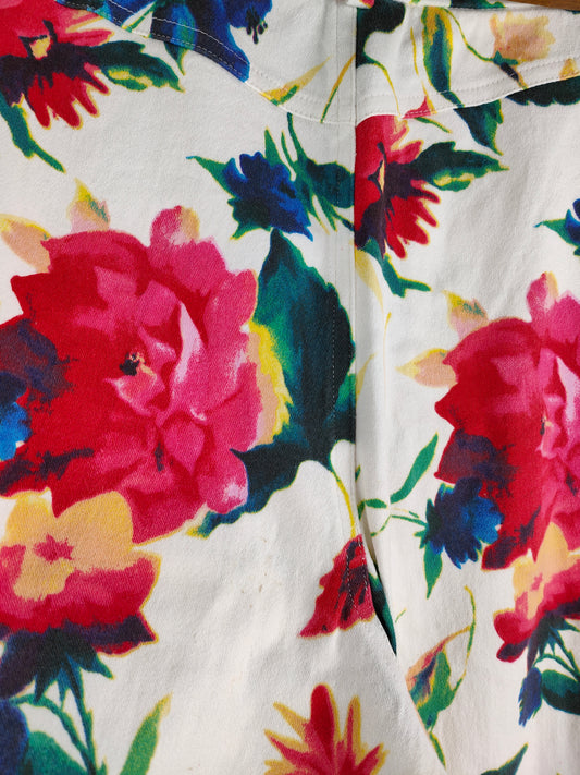 Pantalon jeans stretch Helline blanc multicolore motif floral allover imprimé jeans taille. 40 fleurs à jambe droite printemps été colorées multicolores