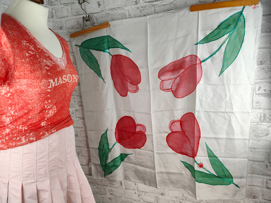 3-piece outfit midi pleated skirt A-line skirt rose shiny flared & T-shirt stretch short sleeve floral lace neckline scarf unique red green tulips clothing set style bundle