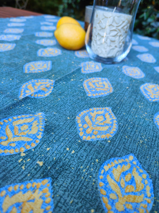 Tablecloth leaf pattern square blue yellow table runner vintage cotton paisley ornaments outside summer India France Orient Boho
