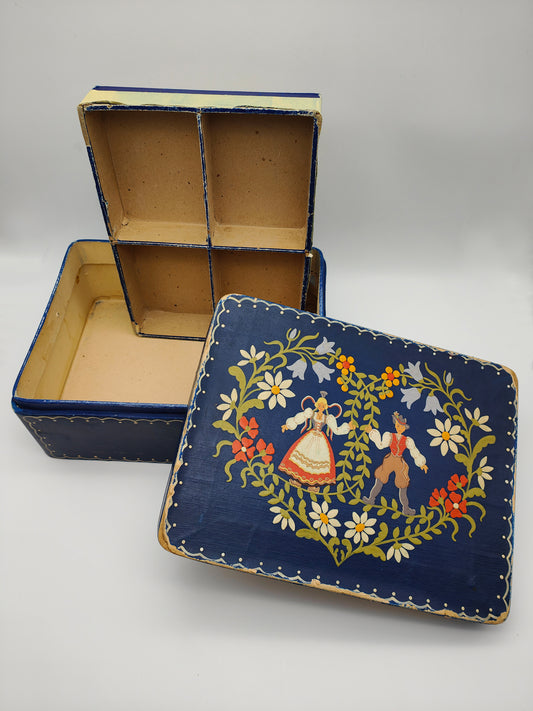 Antique bridal box peasant painting blue box storage box wedding couple heart Beer & Co Ronneburg hand-painted Alm Bavaria cardboard box