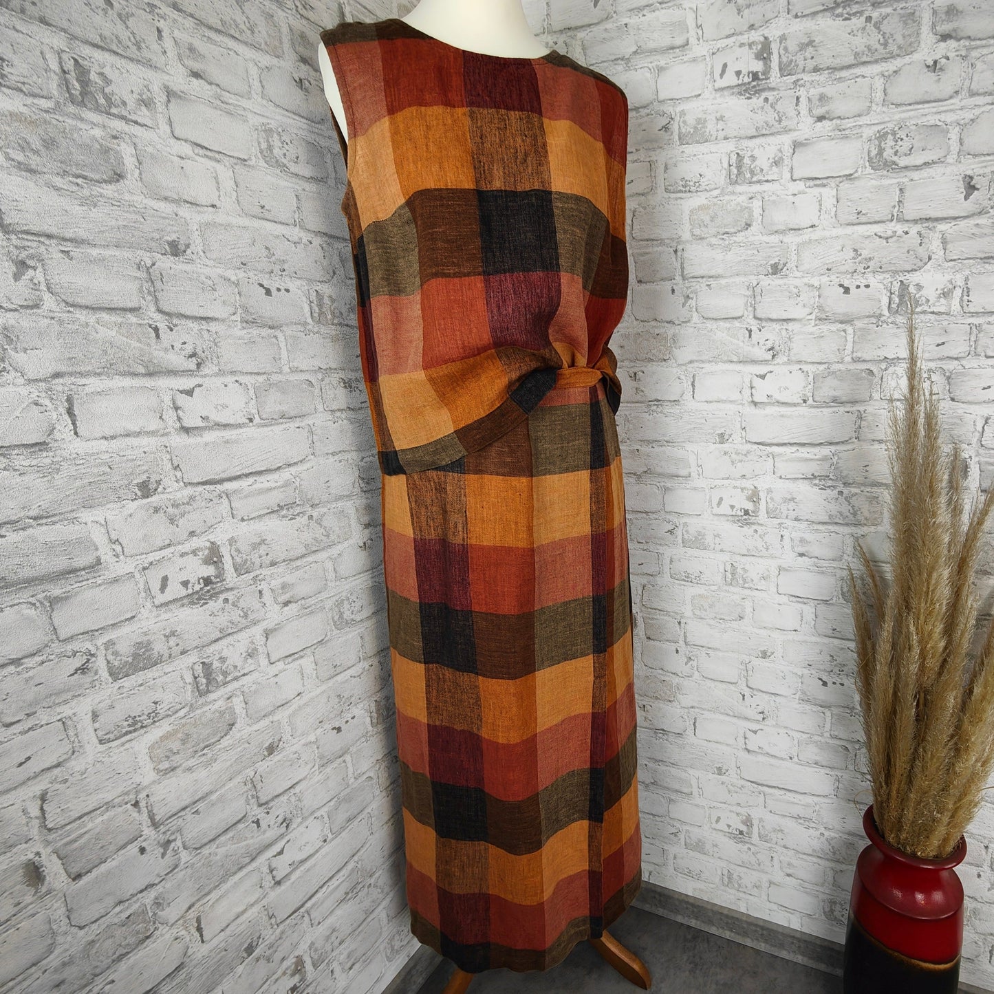 Ensemble de vêtements 2 pièces en lin, jupe longue et haut, tons terre de raton laveur, imprimé bloc biologique d'été, sans manches, couleurs d'automne, style bundle