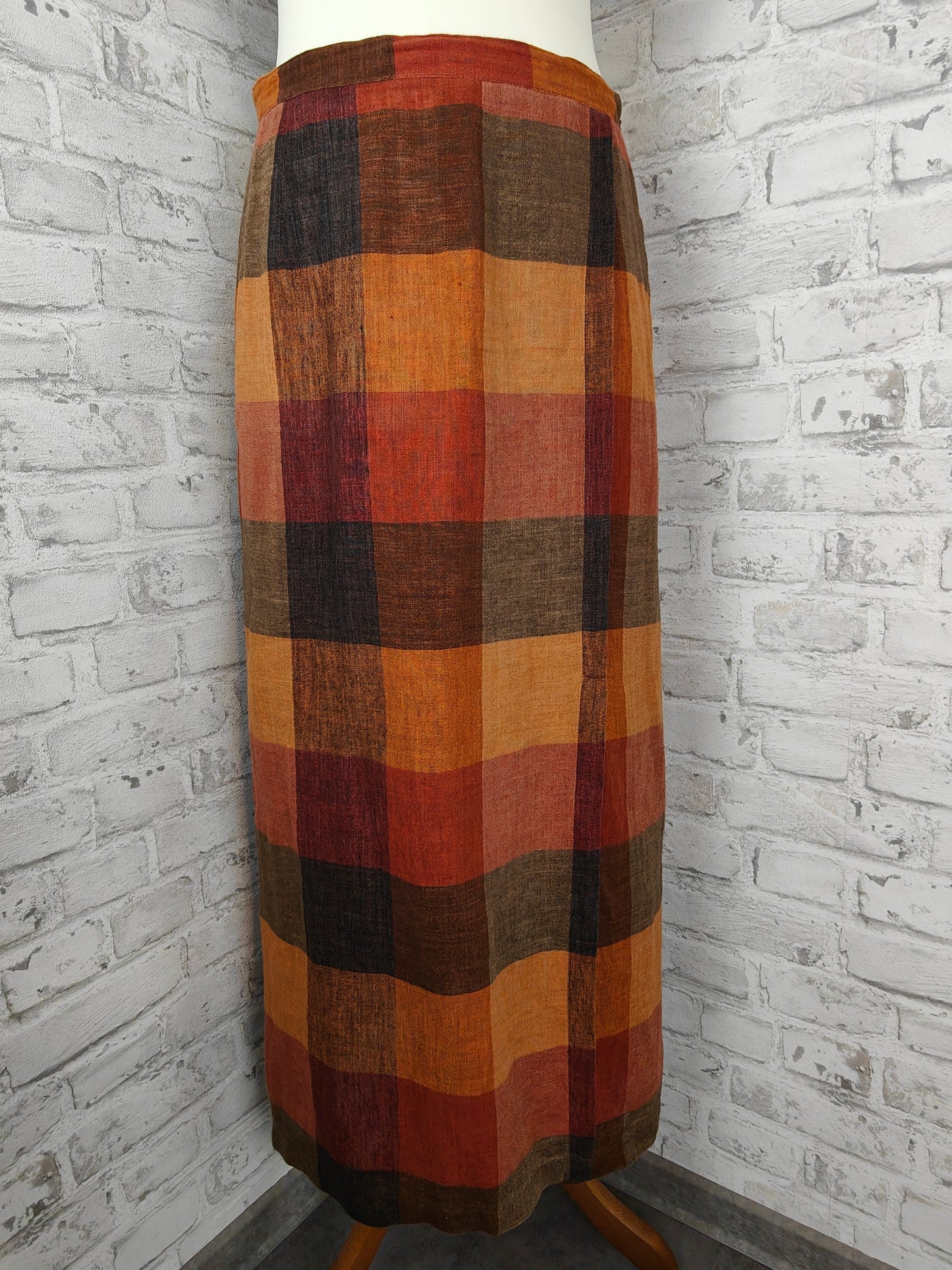 Ensemble de vêtements 2 pièces en lin, jupe longue et haut, tons terre de raton laveur, imprimé bloc biologique d'été, sans manches, couleurs d'automne, style bundle