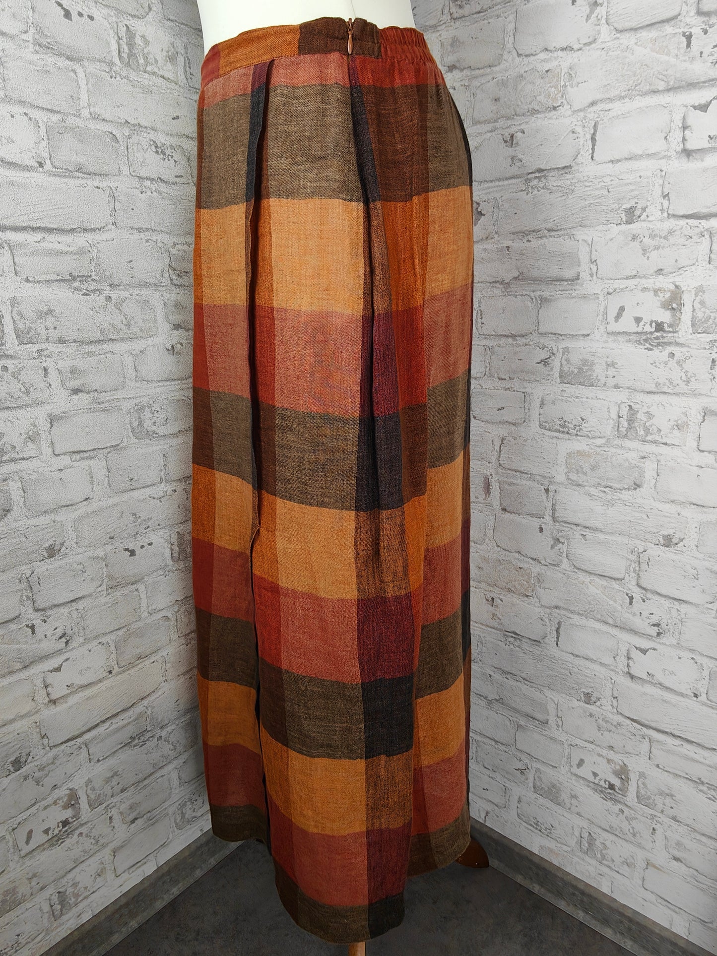 Ensemble de vêtements 2 pièces en lin, jupe longue et haut, tons terre de raton laveur, imprimé bloc biologique d'été, sans manches, couleurs d'automne, style bundle
