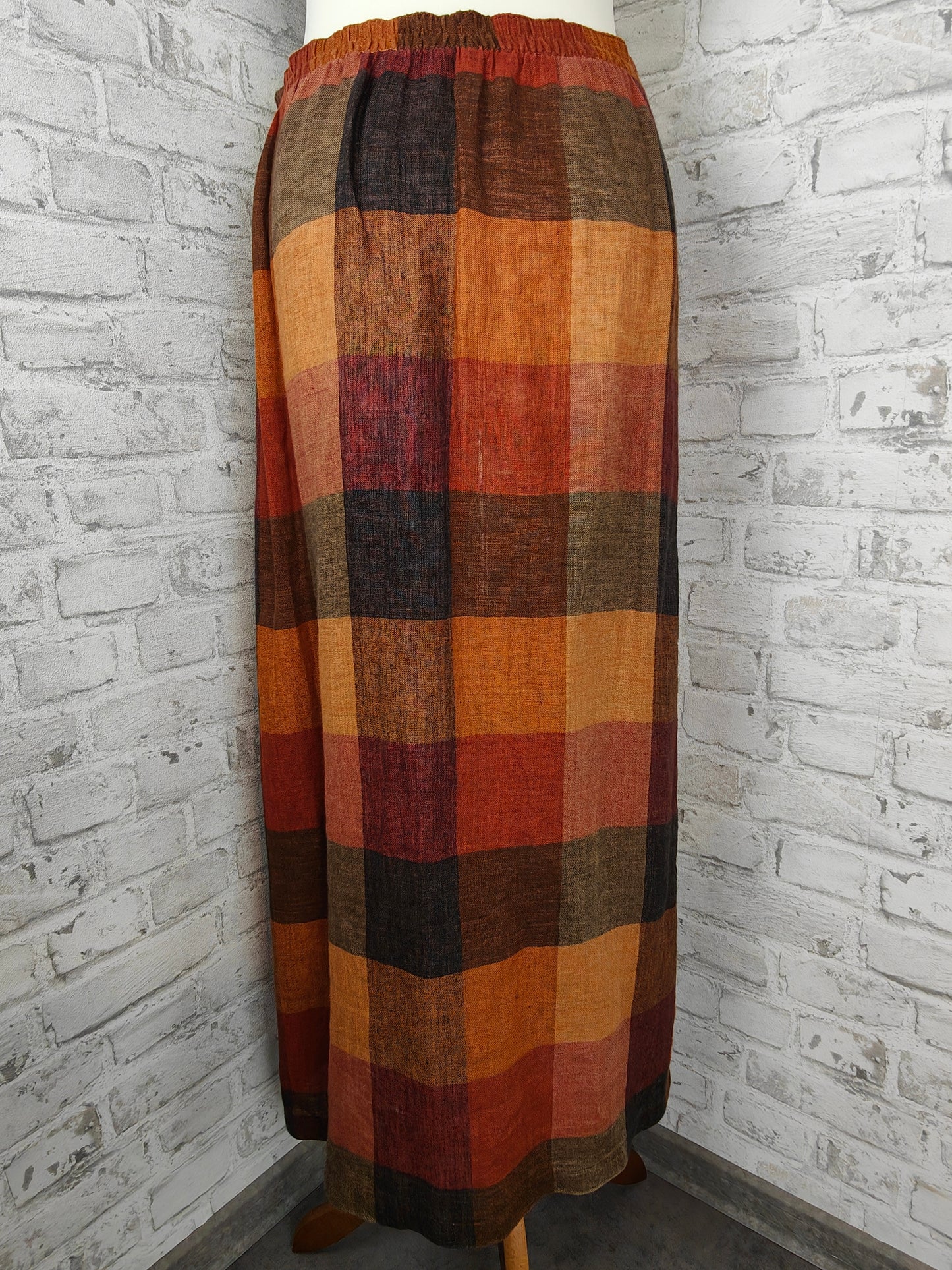 Ensemble de vêtements 2 pièces en lin, jupe longue et haut, tons terre de raton laveur, imprimé bloc biologique d'été, sans manches, couleurs d'automne, style bundle