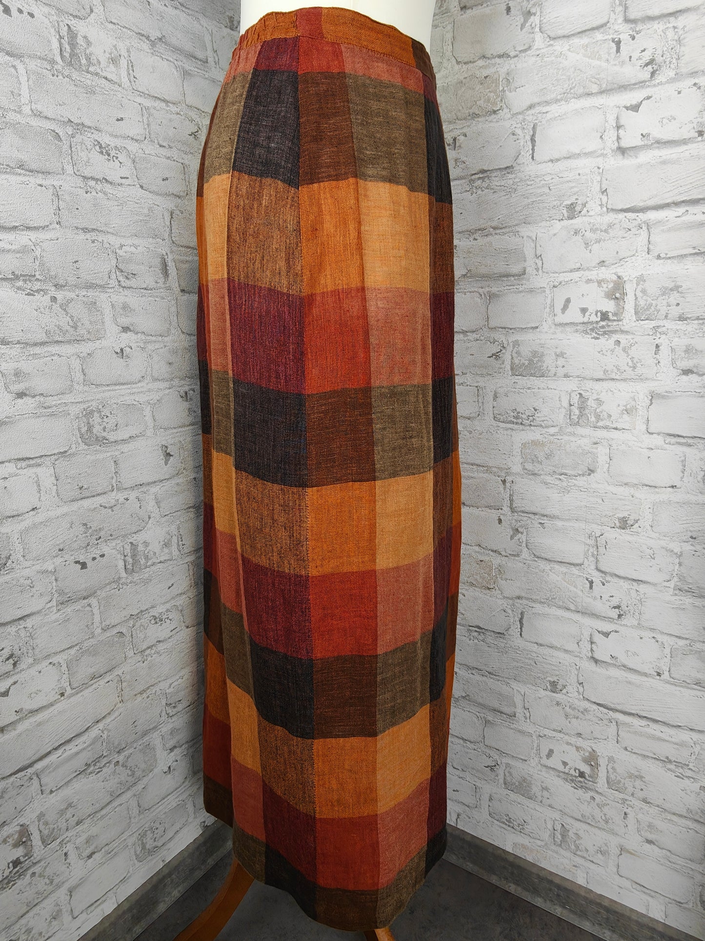 Ensemble de vêtements 2 pièces en lin, jupe longue et haut, tons terre de raton laveur, imprimé bloc biologique d'été, sans manches, couleurs d'automne, style bundle