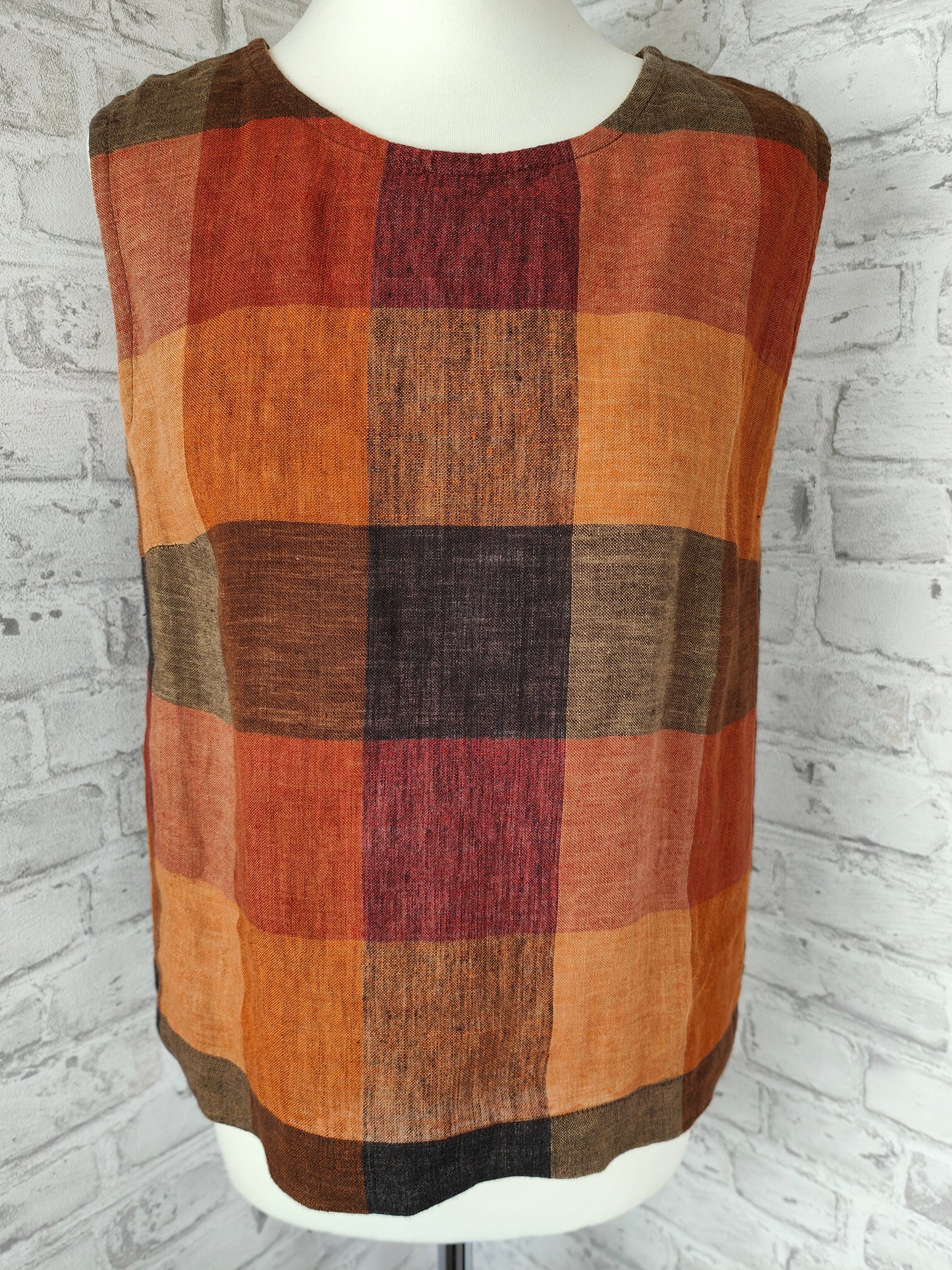 Ensemble de vêtements 2 pièces en lin, jupe longue et haut, tons terre de raton laveur, imprimé bloc biologique d'été, sans manches, couleurs d'automne, style bundle