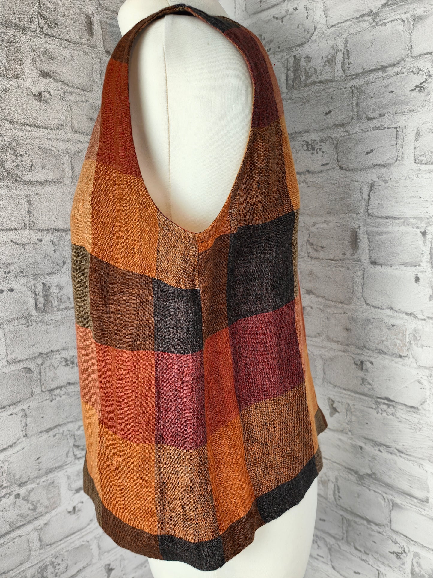 Ensemble de vêtements 2 pièces en lin, jupe longue et haut, tons terre de raton laveur, imprimé bloc biologique d'été, sans manches, couleurs d'automne, style bundle