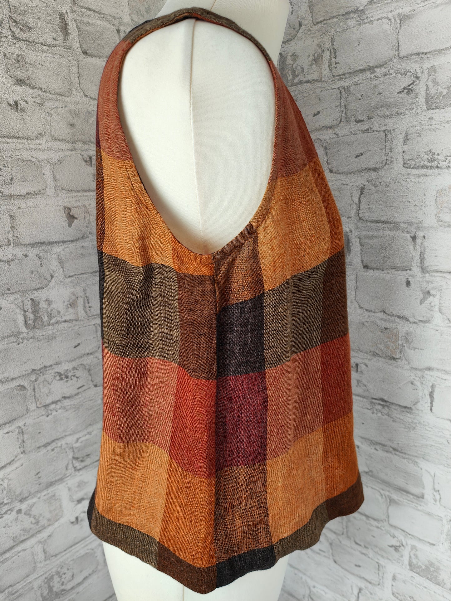Ensemble de vêtements 2 pièces en lin, jupe longue et haut, tons terre de raton laveur, imprimé bloc biologique d'été, sans manches, couleurs d'automne, style bundle