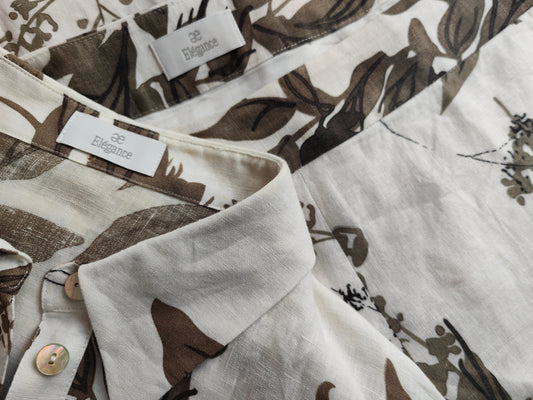 2-piece outfit combination linen blouse & skirt elégance mother-of-pearl buttons leaves pattern beige white grey taupe neutrals midi skirt summer costume suit set