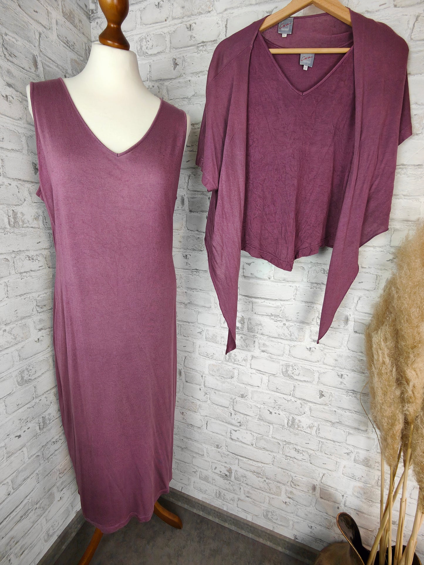 Ensemble de 3 pièces en soie et lin, robe longue au sol, haut et boléro, aubergine, violet, prune, hippie, robe Goa, haussement d'épaules, veste, haut, robe de maison, vêtements d'été, combinaison de style
