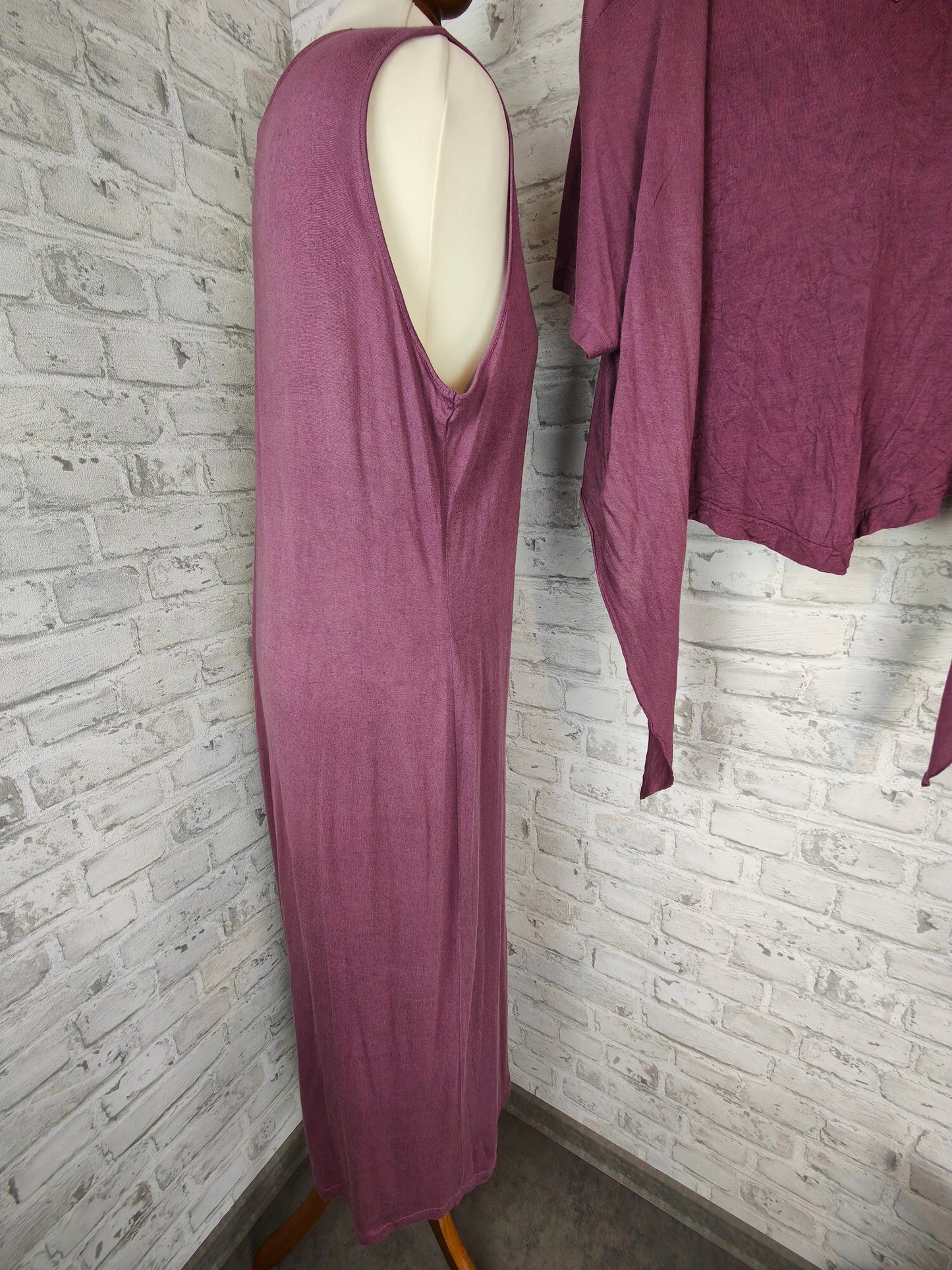 Ensemble de 3 pièces en soie et lin, robe longue au sol, haut et boléro, aubergine, violet, prune, hippie, robe Goa, haussement d'épaules, veste, haut, robe de maison, vêtements d'été, combinaison de style
