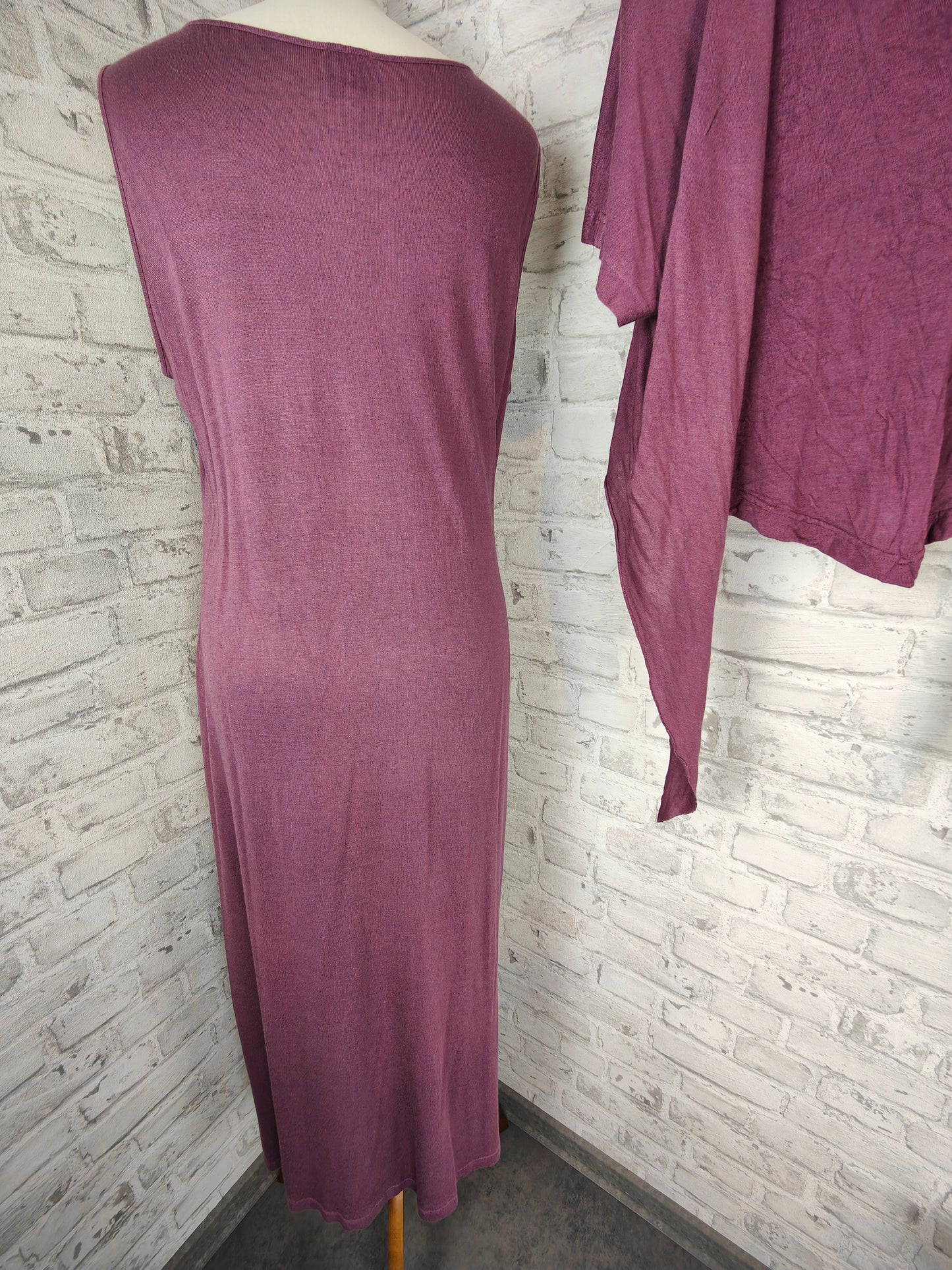 Ensemble de 3 pièces en soie et lin, robe longue au sol, haut et boléro, aubergine, violet, prune, hippie, robe Goa, haussement d'épaules, veste, haut, robe de maison, vêtements d'été, combinaison de style