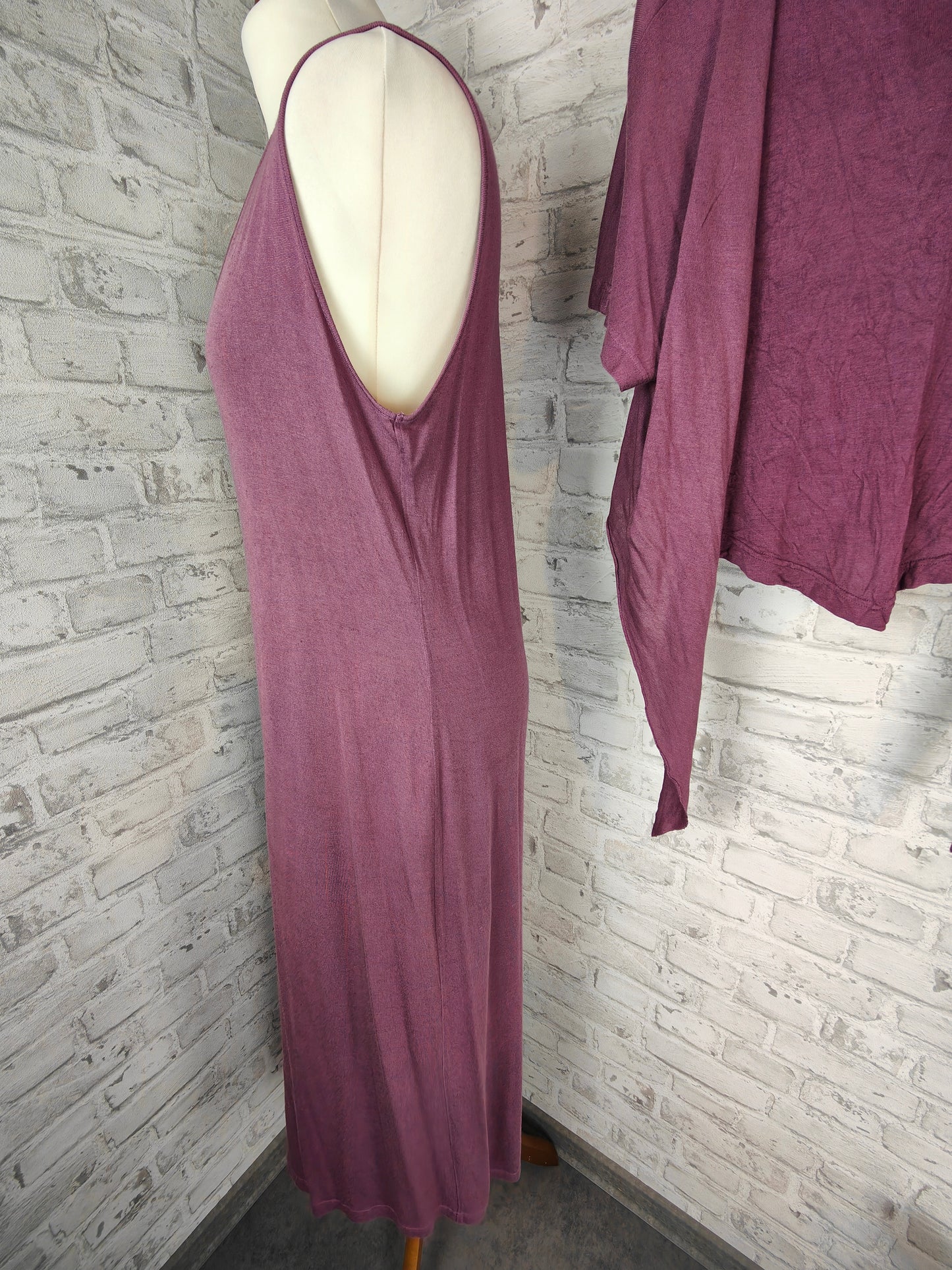 Ensemble de 3 pièces en soie et lin, robe longue au sol, haut et boléro, aubergine, violet, prune, hippie, robe Goa, haussement d'épaules, veste, haut, robe de maison, vêtements d'été, combinaison de style