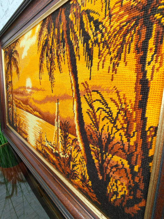 Large embroidery picture sunset framed palm trees holiday sailboat beach sea clouds sky yellow orange brown panorama landscape handcraft