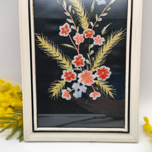 Embroidery picture flowers framed cherry blossoms grain ears black background wooden frame picture 60s midcentury 1960s vintage shabby embroidery handcraft