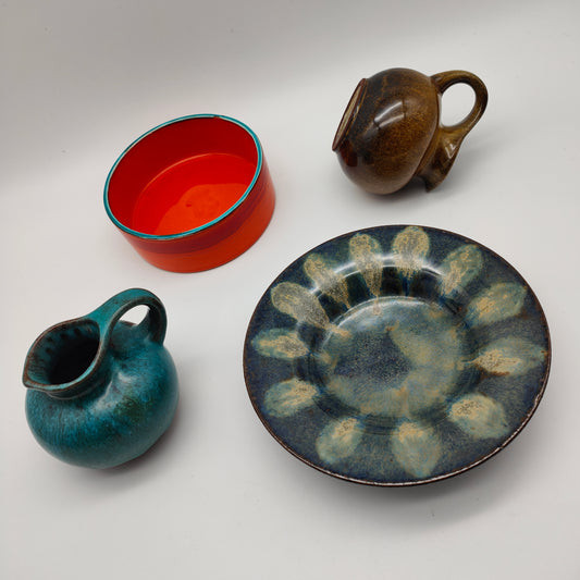 4x Fat Lava decoration set vintage jug bowl plate orange blue brown West German Pottery knick-knacks bookshelf wealth hygge vase planters