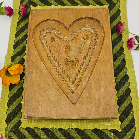 Springerle forme modèle en bois moule à pâtisserie antique coeur chêne sculpté bouquet de fleurs paon oiseau muguet roses décoration maison de campagne