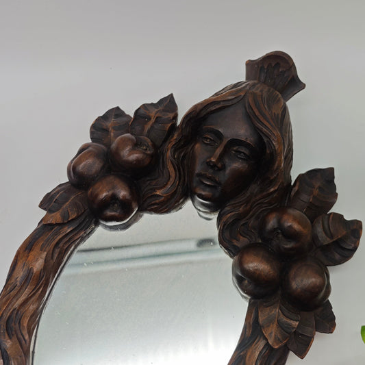 Hand mirror wood Art Nouveau carving Vanity Beauty dressing table boudoir Bridesmaid bride French antique Snow White fairytale mirror