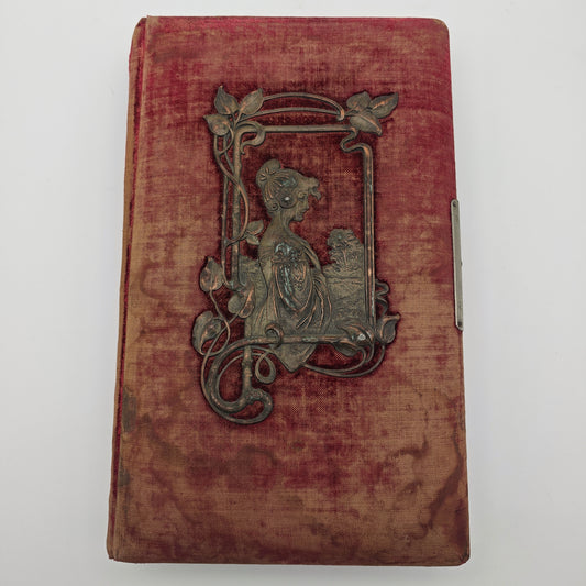 Cabinet album photo Art Nouveau application cuivre velours rouge photos 1900 soldats mariage époque impériale civile bord doré bord doré antique nostalgie