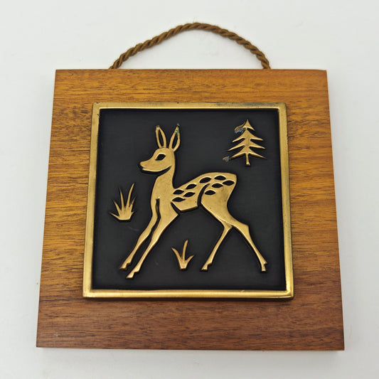 Wall picture Bambi deer picture wood brass 60s midcentury modern decor vintage square atomic age kidney table time wall decoration