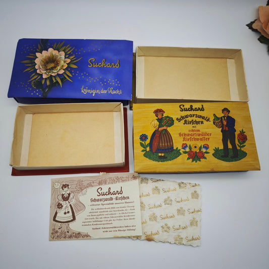 2x boxes of Suchard chocolates box Queen of the Night Black Forest Cherries Lörrach chocolate chocolate boxes confectionery box vintage packaging