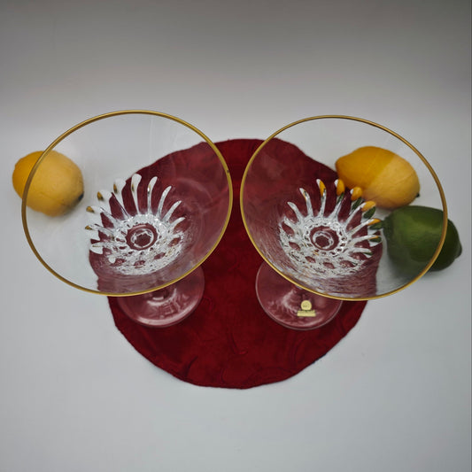 2x Martini glass gold rim dragon model crystal glass lead crystal hand cut vintage midcentury cocktail glasses Hollywood Regency