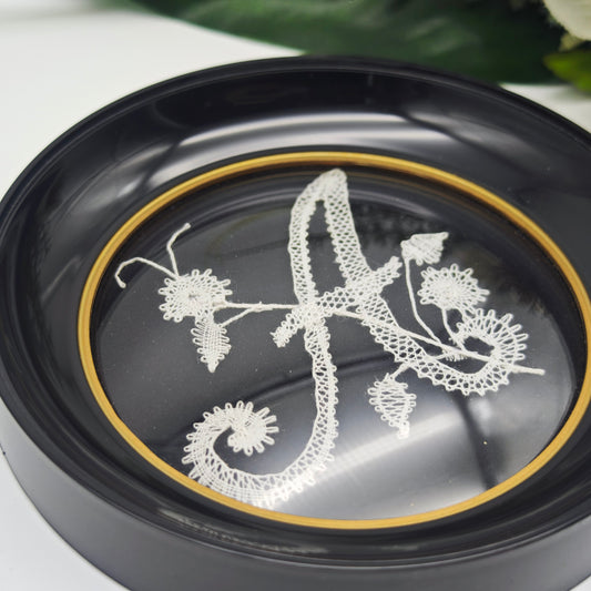 Initial A bobbin lace framed floral pattern mural round lace bobbin lace