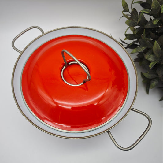 Enamel cooking pot red with dots and removable handles Mid Century pot lid bowl