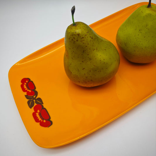 Serving plate plastic orange 70s floral pattern cold plate retro buffet snack tray mid century decoration 31 cm vintage